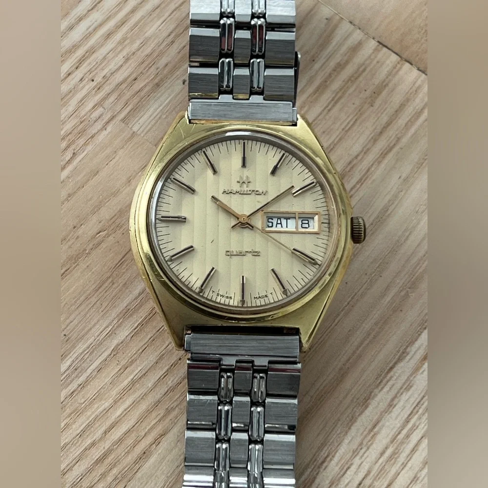 Hamilton 14K Gold Plated Rare Vintage Men’s Watch Stainless Bracelet Gold Dial